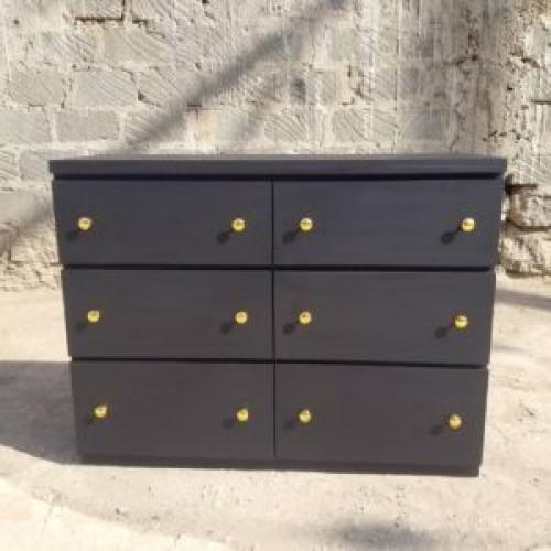 The Ember Chest – 6-Drawer Charcoal Dresser with Gold Accents